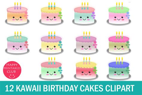 12 Cute Kawaii Birthday Cakes Clipart Graphic By Happy Printables Club