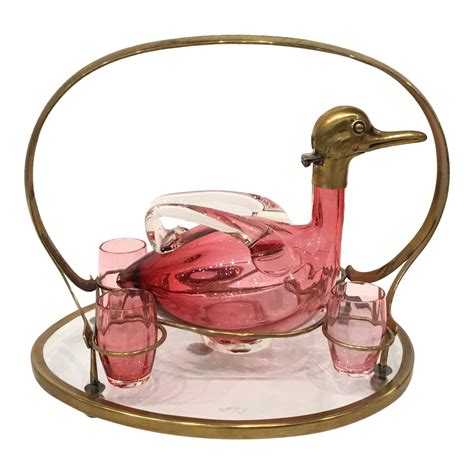 Vintage Art Deco Cranberry Art Glass Duck Decanter Set Chairish