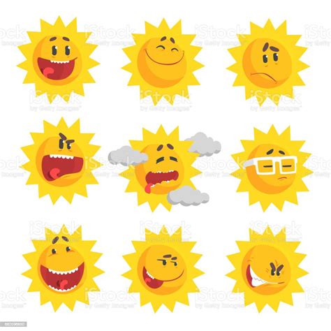 Cute Cartoon Sun Emojis Emotional Face Set Of Colorful Characters