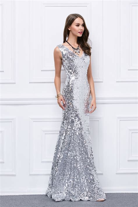 full length silver sequins v neck evening gown prom dress thecelebritydresses