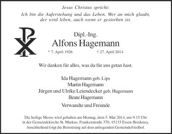 Traueranzeigen Von Alfons Hagemann Trauer In Nrw De