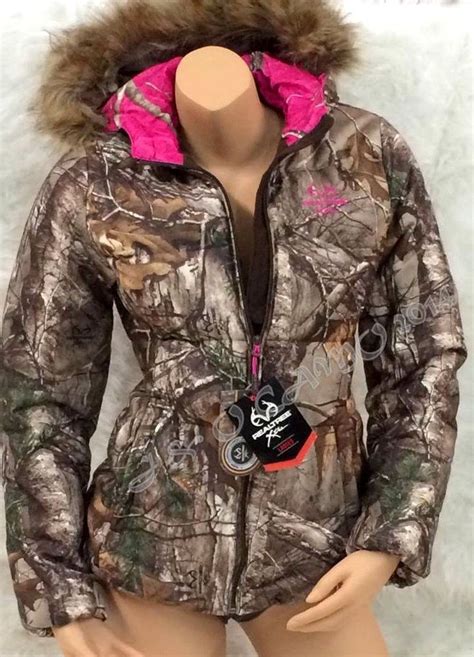 New Realtree Womens Pink Camo Faux Fur Hood Insulated Bubble Jacket S M