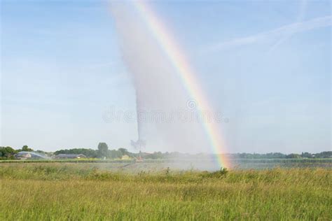Bright Rainbow In Water Droplets Of A Sprinkler System Stock Photo