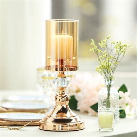 Buy Tall Gold Metal Pillar Candle Holder With Hurricane Glass Tube At Tablecloth Factory