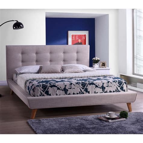 This upholstered platform bed comes in three colors: King Modern Beige Linen Upholstered Platform Bed with Button Tufted Headboard