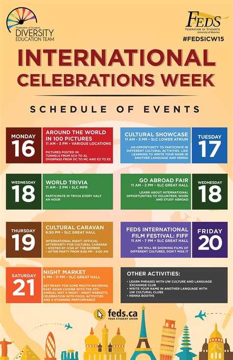 The International Celebrations Week Schedule Is Shown In Red Yellow