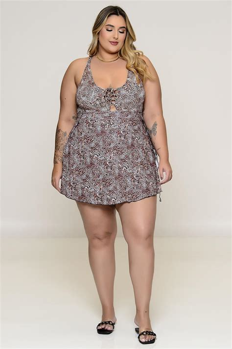 Maiô Plus Size Com Bojo E Saída Embutida Animal Print Vk Moda Plus Size