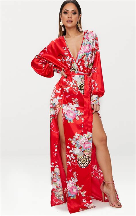 Red Printed Satin Long Sleeve Kimono Maxi Dress Prettylittlething