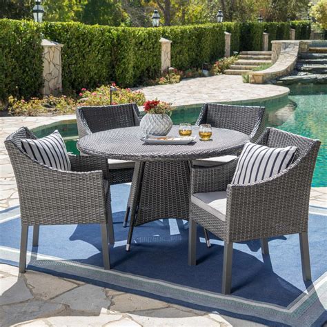 Noble House Gray 5 Piece Wicker Round Outdoor Dining Set With Silver