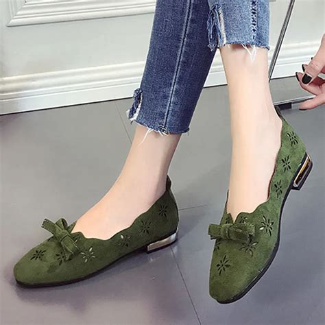 Vogue Flat Shoes Women Nice Bow Hollow Out Lady Boat Shoes Green Solid