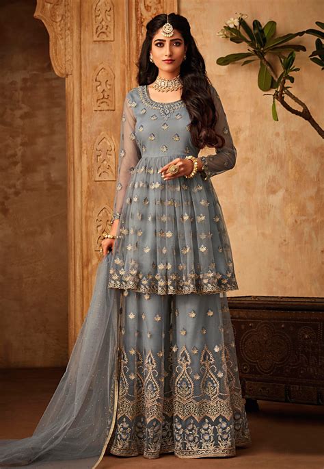 Buy Gray Net Embroidered Sharara Suit 181399 Online At Lowest Price From Huge Collection Of