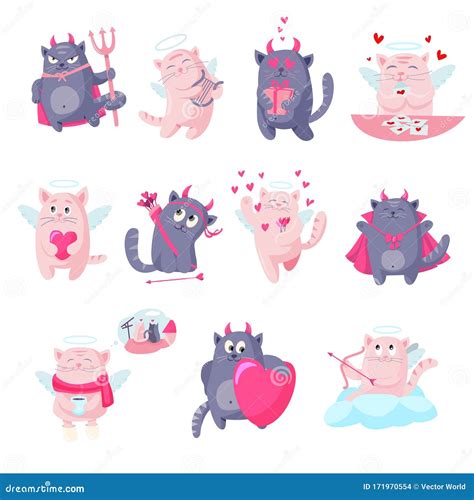 Cat Devil Cupid Angel Cartoon Characters Valentine Day Vector Illustration Funny Cat Angels And