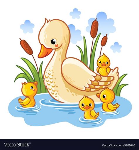 Vector Illustration Of A Duck And Ducklings Mother Duck Swims In The