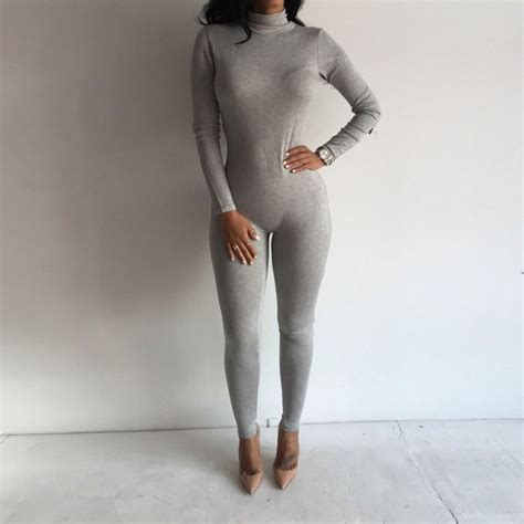 women fashion turtleneck long sleeve bodycon slim jumpsuit bodysuit skinny solid cotton causal