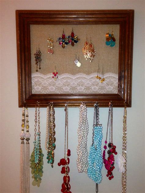 Diy Jewelry Hanger Goodwill Picture Frame Burlap Lace And Screw In