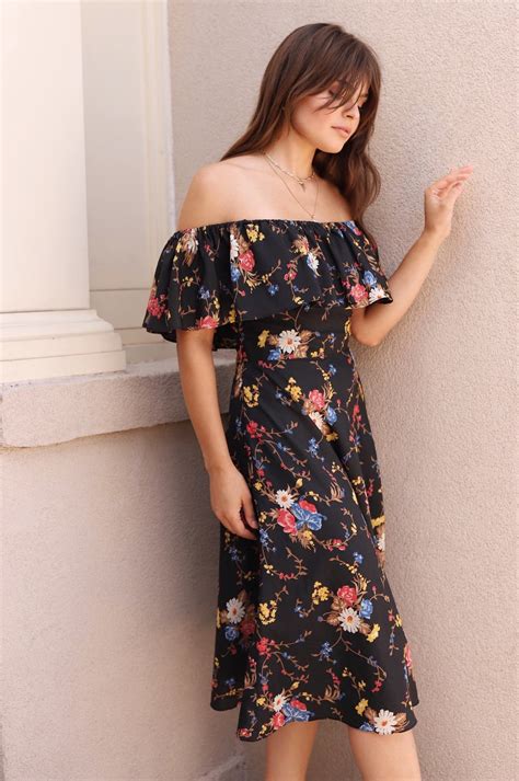 Vintage 70s Off Shoulder Dress Floral Garmentory