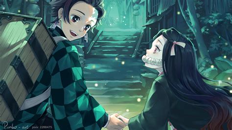 Demon Slayer Tanjirou Kamado Holding Nezuko Kamado Hand With Background