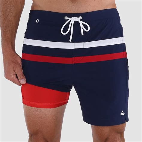 Mens Short Swim Trunk With Compression Liner Navy 6 Inseam