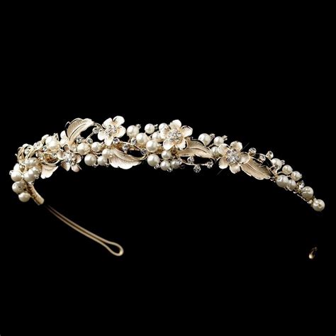 Light Gold Ivory Pearl And Rhinestone Floral Leaf Bridal Wedding Headband