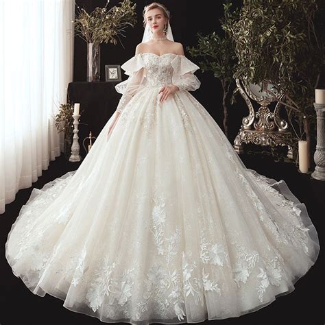 Victorian Style Champagne Wedding Dresses 2020 Ball Gown Off The Shoulder Puffy Long Sleeve