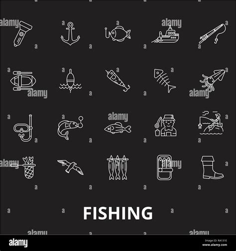 Fishing Editable Line Icons Vector Set On Black Background Fishing