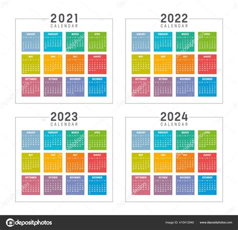 Years 2021 2022 2023 2024 Colorful Calendars Set Isolated White Stock