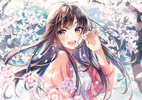 Download 1736x1228 Anime Girl Pretty Brown Hair Smiling Cherry