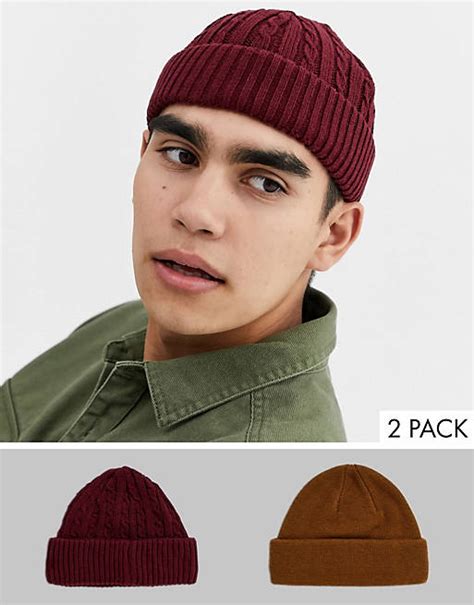 Asos Design 2 Pack Mini Fisherman Beanie In Tobacco And Burgundy Cable