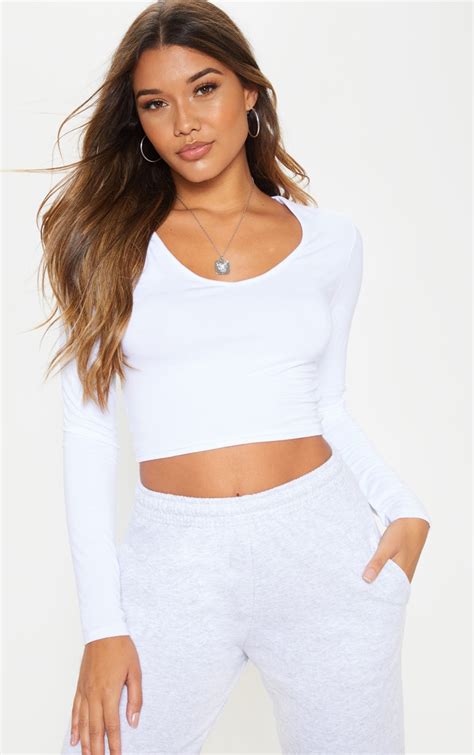 White Long Sleeve V Neck Crop Top Prettylittlething Ca