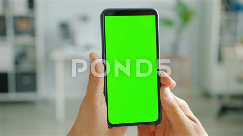 Green Screen Chroma Key Smartphone Held My Male Hands Indoors In