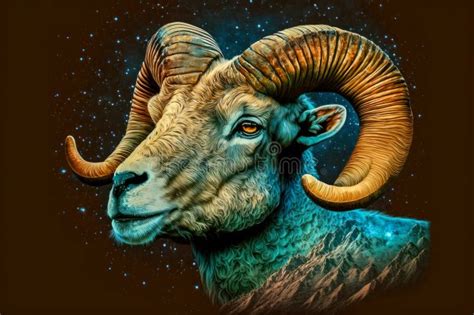 Aries Astrological Zodiac Sign Symbol Animal Ram On Dark Space Cloud