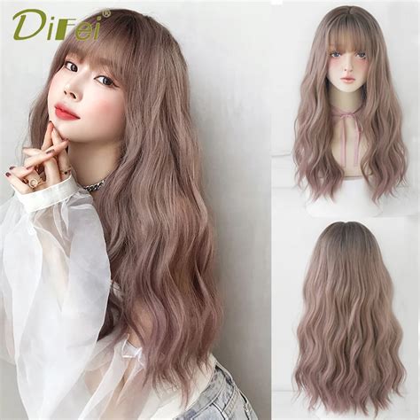 Difei Synthetic Long Wavy Wig With Bangs Female Lolita Wig Ombre