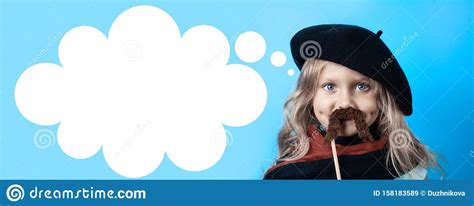 Funny Girl In Black Beret Scarf And Mustache On A Stick On Blue