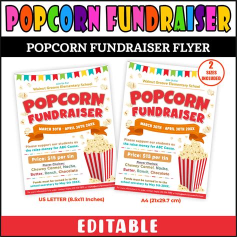 Editable Popcorn Fundraiser Flyer Pta Pto School Church Community