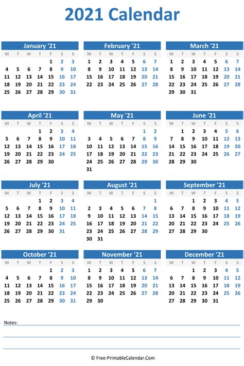 A simple vertical calendar for january 2021. 2021 Yearly Calendar