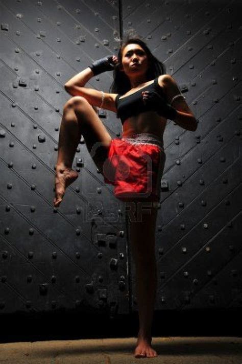 Sporty Asian Woman Practising Muay Thai Muay Thai Martial Arts Muay Thai Martial Arts Women
