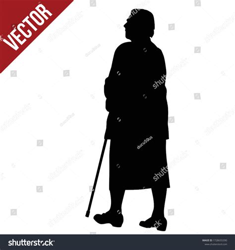 Silhouette Elderly Woman Cane On White Stock Vector Royalty Free