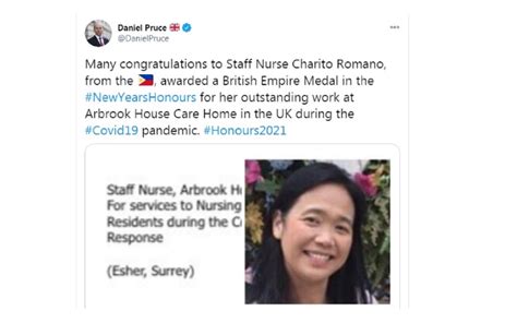 look filipina nurse receives british empire medal for outstanding work in nursing home during