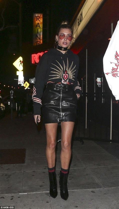 hailey baldwin dons thigh skimming miniskirt at concert celebrity street style fashion outfits