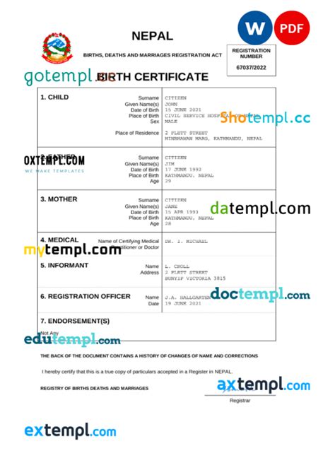 Nepal Birth Certificate Word And Pdf Template Completely Editable
