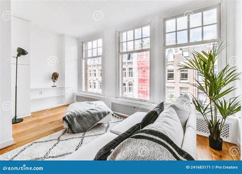 Stylish Design Of The Living Room With A White Sofa Stock Image Image