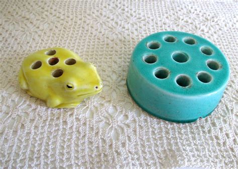 Vintage Ceramic Flower Frogs Turquoise Round Frog Japan Yellow Frog