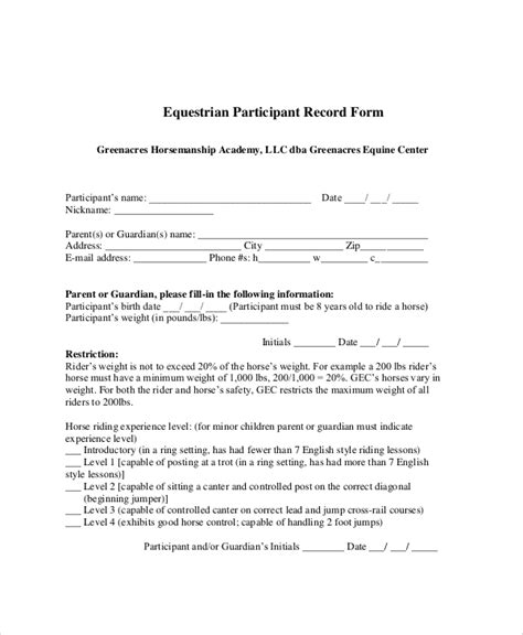 sample equine release forms  ms word