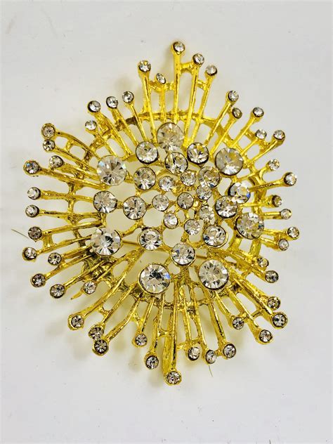 Rhinestone Brooch Atomic Starburst Gold Tone Clear Stones Etsy Gold