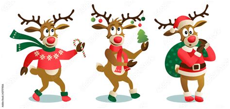 Cute And Funny Christmas Reindeers Cartoon Vector Illustration Isolated On White Background