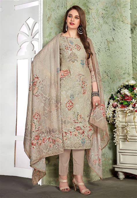 Buy Gray Muslin Printed Pant Style Suit 181767 Online At Lowest Price