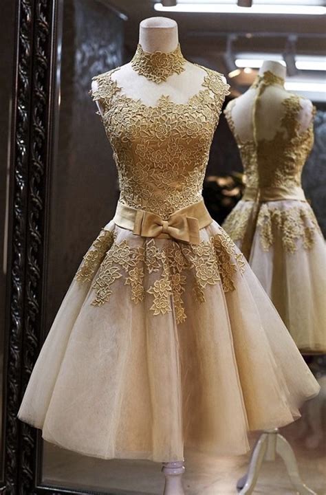 Gold Homecoming Dresslace Prom Dresshigh Neck Short Dresscustom Made