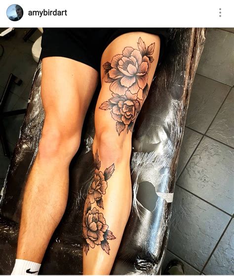 dotwork blackwork stippling japanese peony flower man leg thigh tattoo by amy williams tattoo