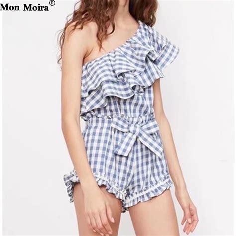 Plaid Off Shoulder Playsuits Women Summer New Casual Ruffle Women Playsuits Bow Holiday Beach