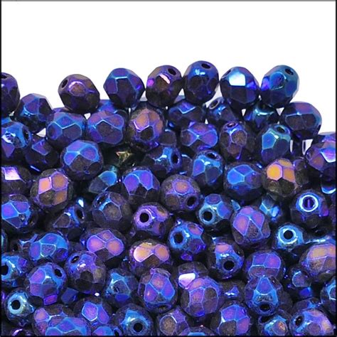 4mm Czech Faceted Round Glass Bead Jet Blue Iris 50pk Beads And Beading Supplies From The